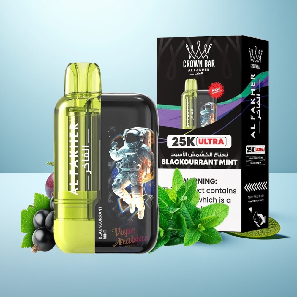 Al Fakher Crown Bar Ultra 25K Vape חד פעמי 22ml 50mg שחור-מנטה