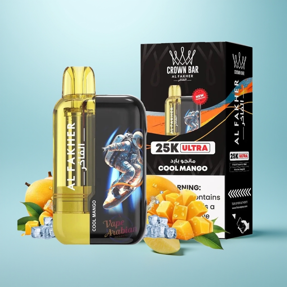 Al Fakher Crown Bar Ultra 25K Vape חד פעמי 22ml LED Mesh Cool Mango
