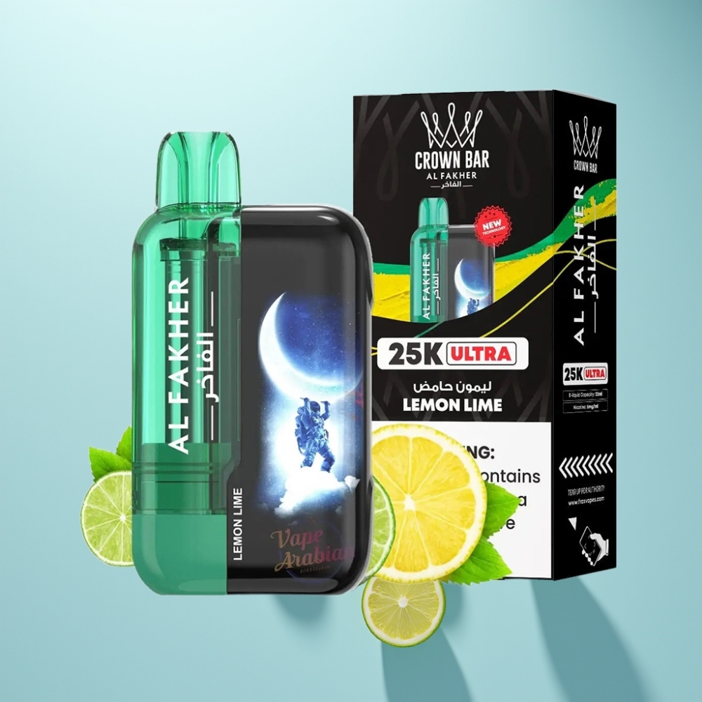 Al Fakher Crown Bar Ultra 25K Vape חד פעמי לימון ליים עם תצוגת LED וסליל מש
