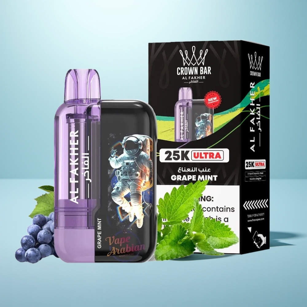 Al Fakher Crown Bar Ultra 25K Vape חד פעמי ענב מנטה LED Type-C Mesh 22ml