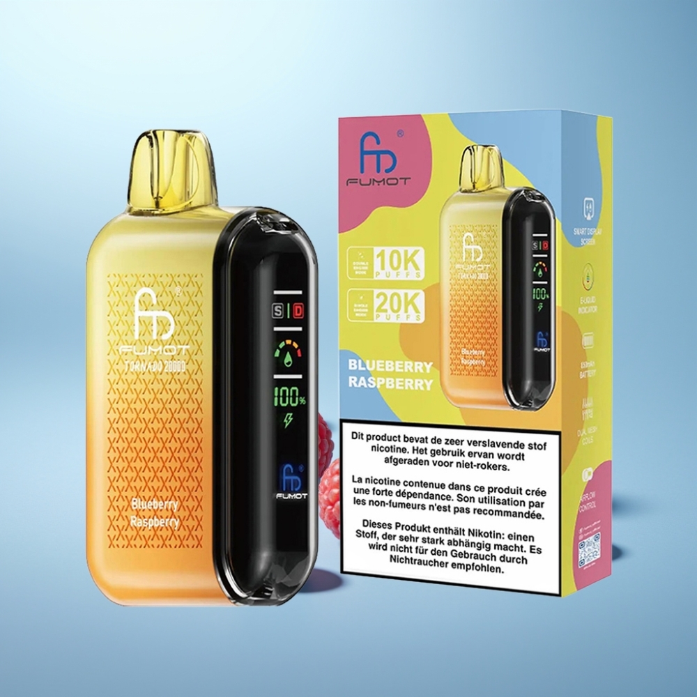 Fumot Tornado 20000 Puffs Vape חד פעמי Dual Mesh Coil 20ml Blueberry Raspberry