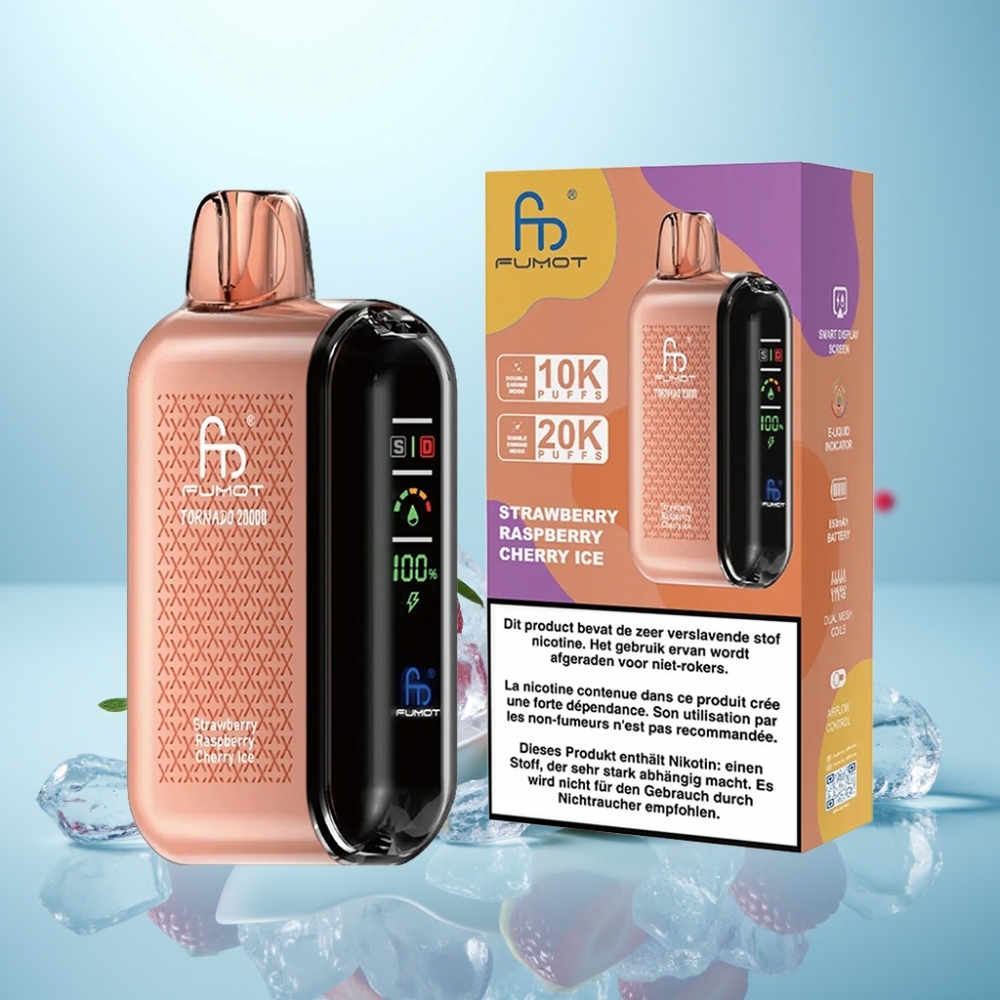 Fumot Tornado 20000 Puffs Vape חד פעמי Strawberry Raspberry Cherry Ice Dual Mesh Coil 20ml 850mAh