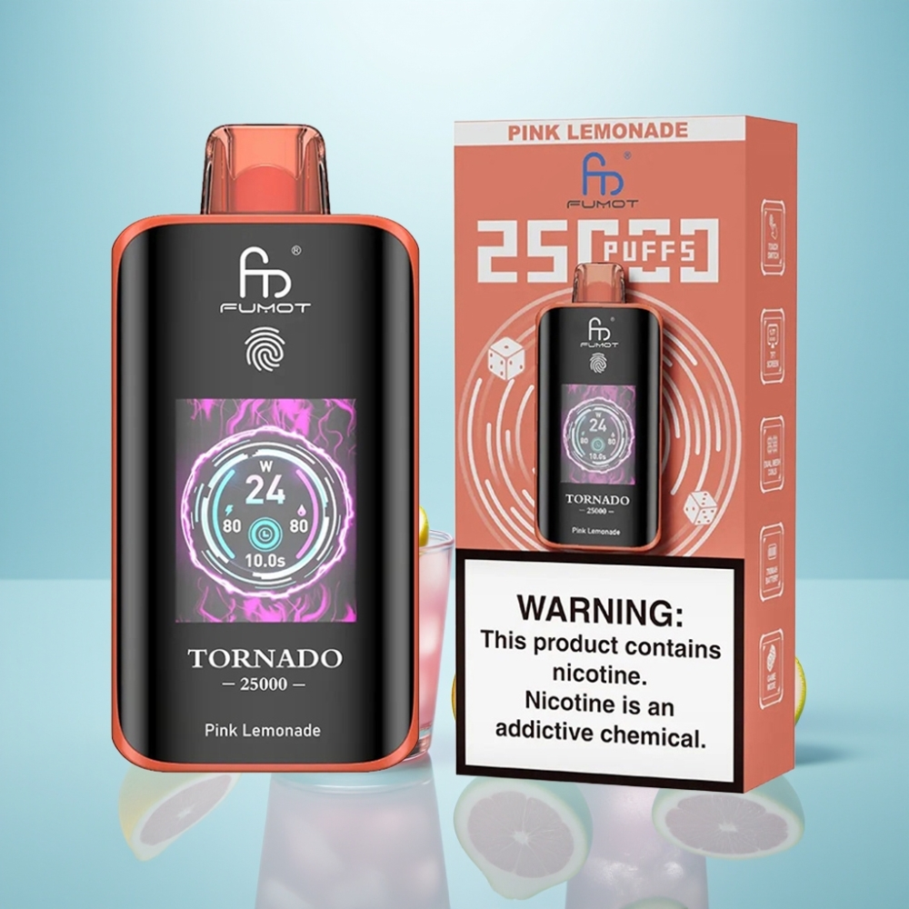 Fumot Tornado 25000 Puffs HD Screen נטענת Type-C לימונדה ורודה