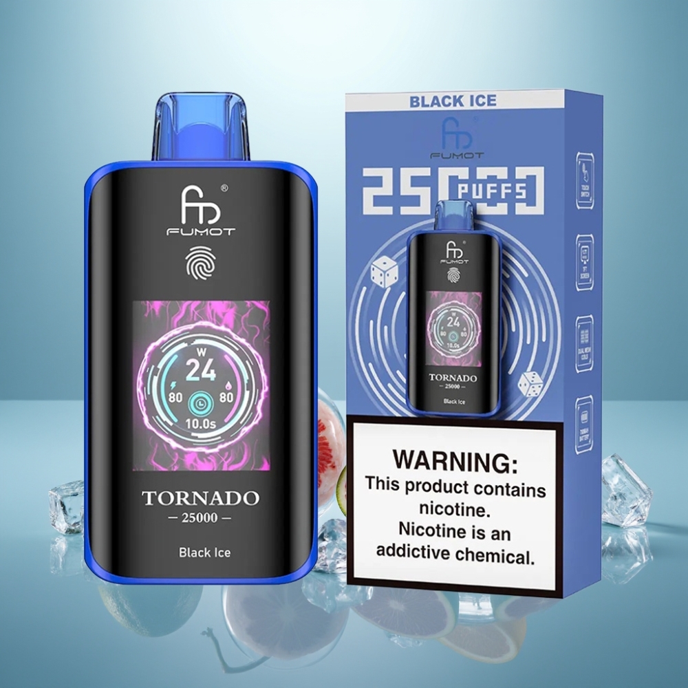 Fumot Tornado 25000 Puffs Vape חד פעמי 700mAh נטענת HD Screen Type-C קר שחור