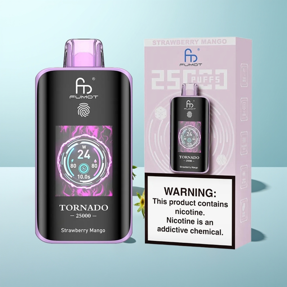 Fumot Tornado 25000 Puffs Vape חד פעמי HD Screen 700mAh נטענת Strawberry Mango