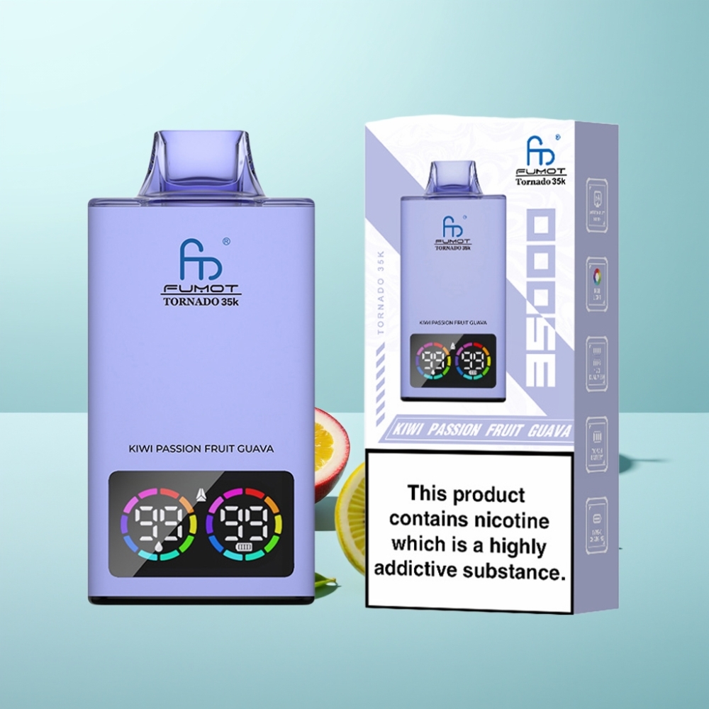 Fumot Tornado 35K Vape חד פעמי 35000 Puffs Dual Mesh Coil RGB Lights 15ml E-juice קיווי פסיפלורה גויאבה