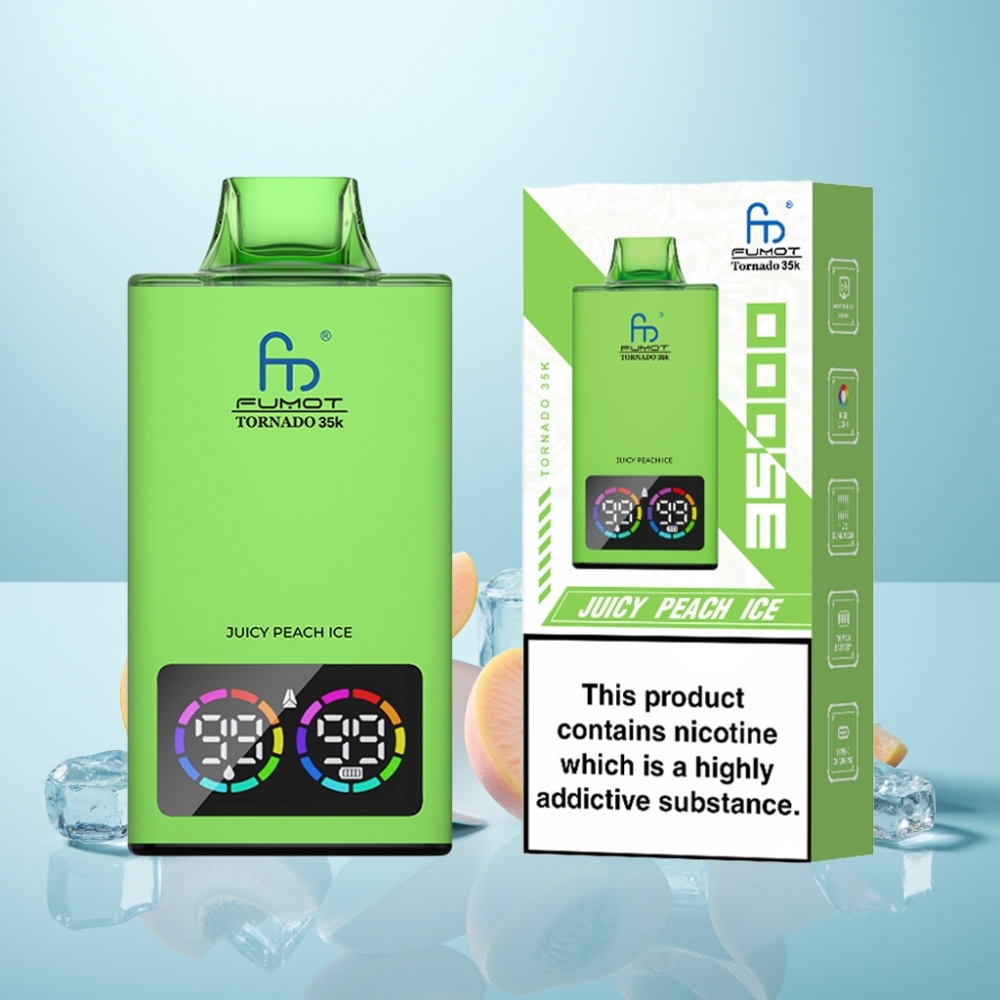 Fumot Tornado 35K Vape חד פעמי 35000 Puffs Dual Mesh Coil USB-C אפרסק עסיסי קרח