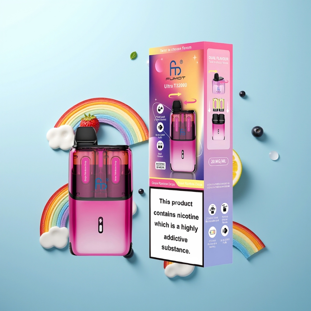 Fumot Ultra T32000 Vape חד פעמי 32000 Puffs 800mAh Type-C ענבים טיפות קשת - תות טיפות קשת