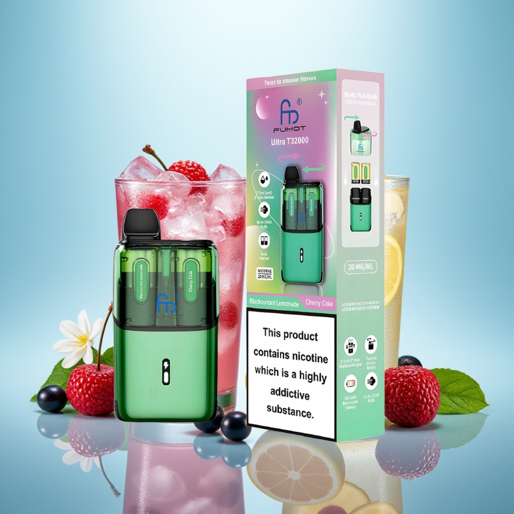 Fumot Ultra T32000 Vape חד פעמי 32000 Puffs 800mAh Type-C שחור לימונדה - קולה דובדבן