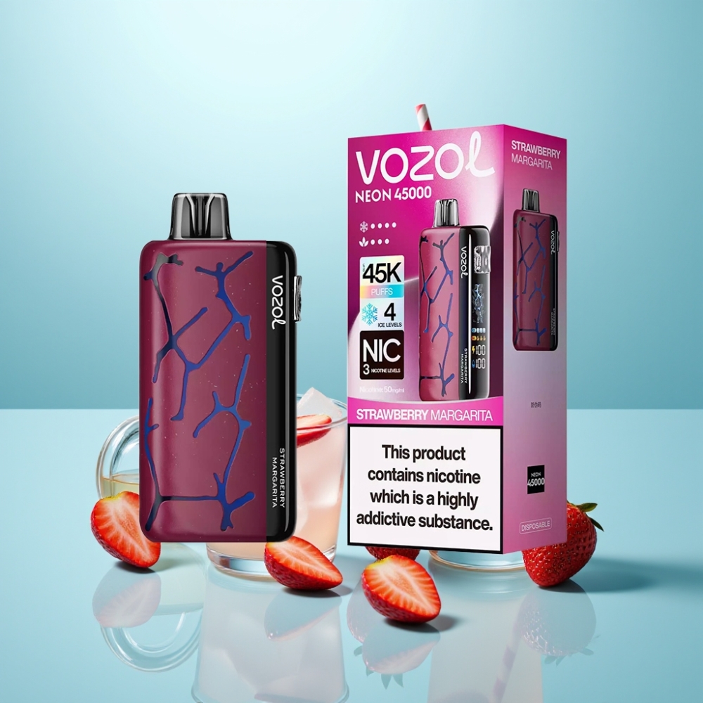 Vozol Neon 45K 45000 Puffs Vape חד פעמי תות מרגריטה סוללה 800mAh סליל משובץ קרח כוונון 4 מצבים