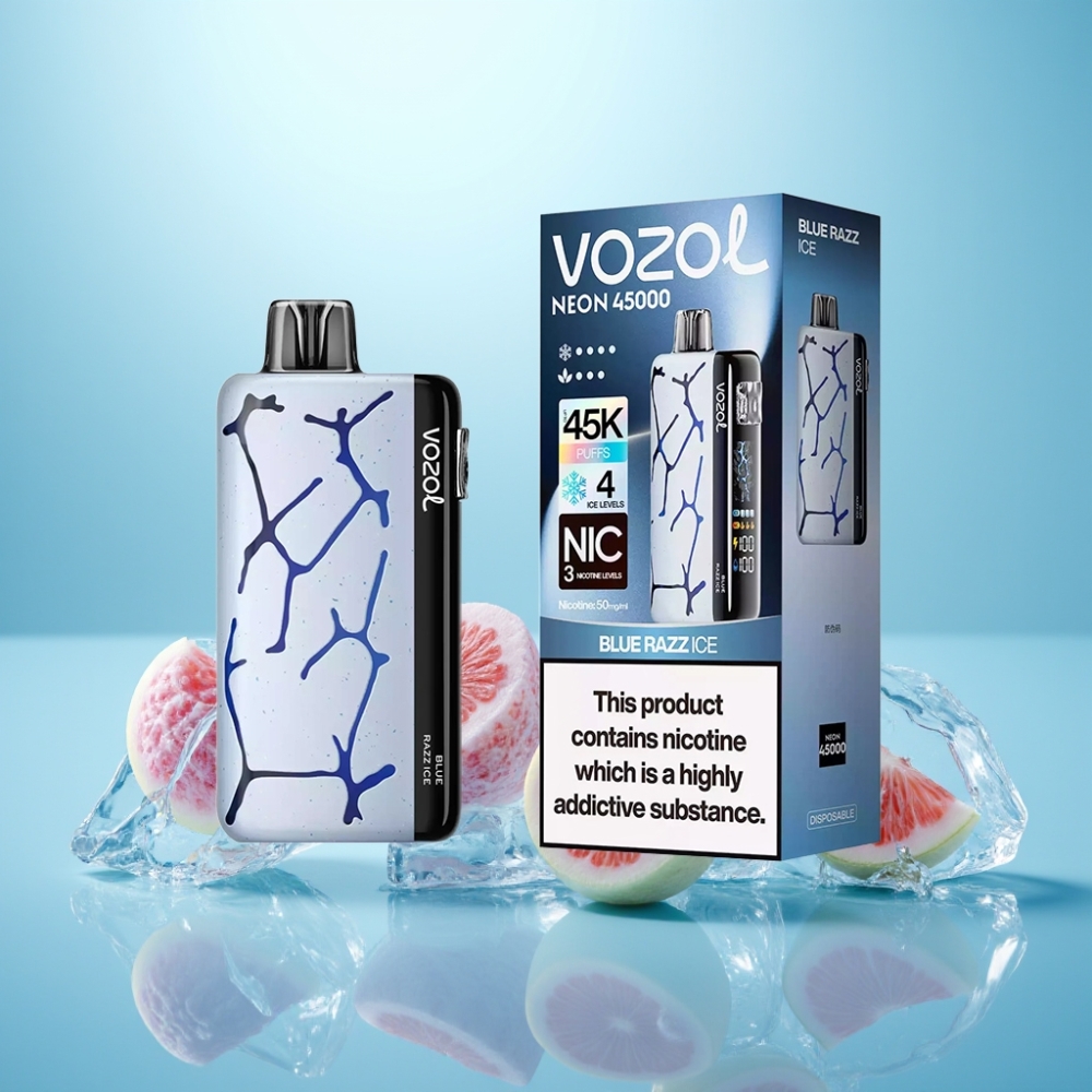Vozol Neon 45K 45000 Puffs Vape חד פעמי פטל כחול קרח עם סוללת 800mAh וסליל Mesh