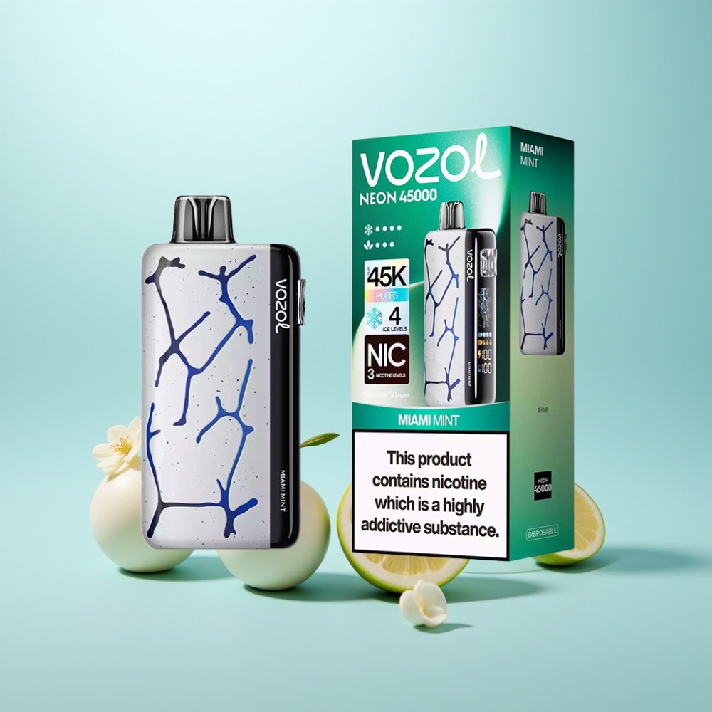 Vozol Neon 45K 45000 Puffs Vape חד פעמי מנטה מיאמי עם סוללה 800mAh וסליל Mesh