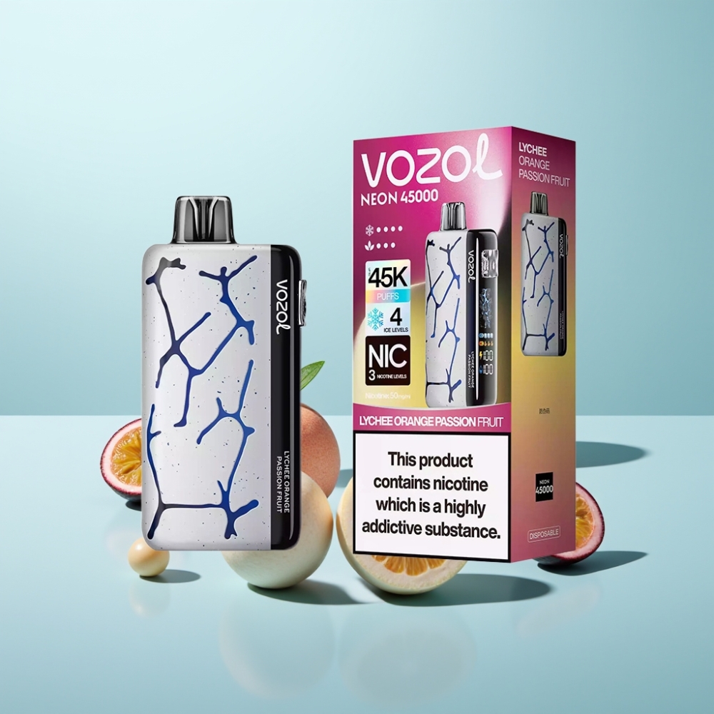 Vozol Neon 45K 45000 Puffs Vape חד פעמי Lychee Orange Passion Fruit עם סוללה 800mAh, סליל Mesh, וניקוטין 50mg