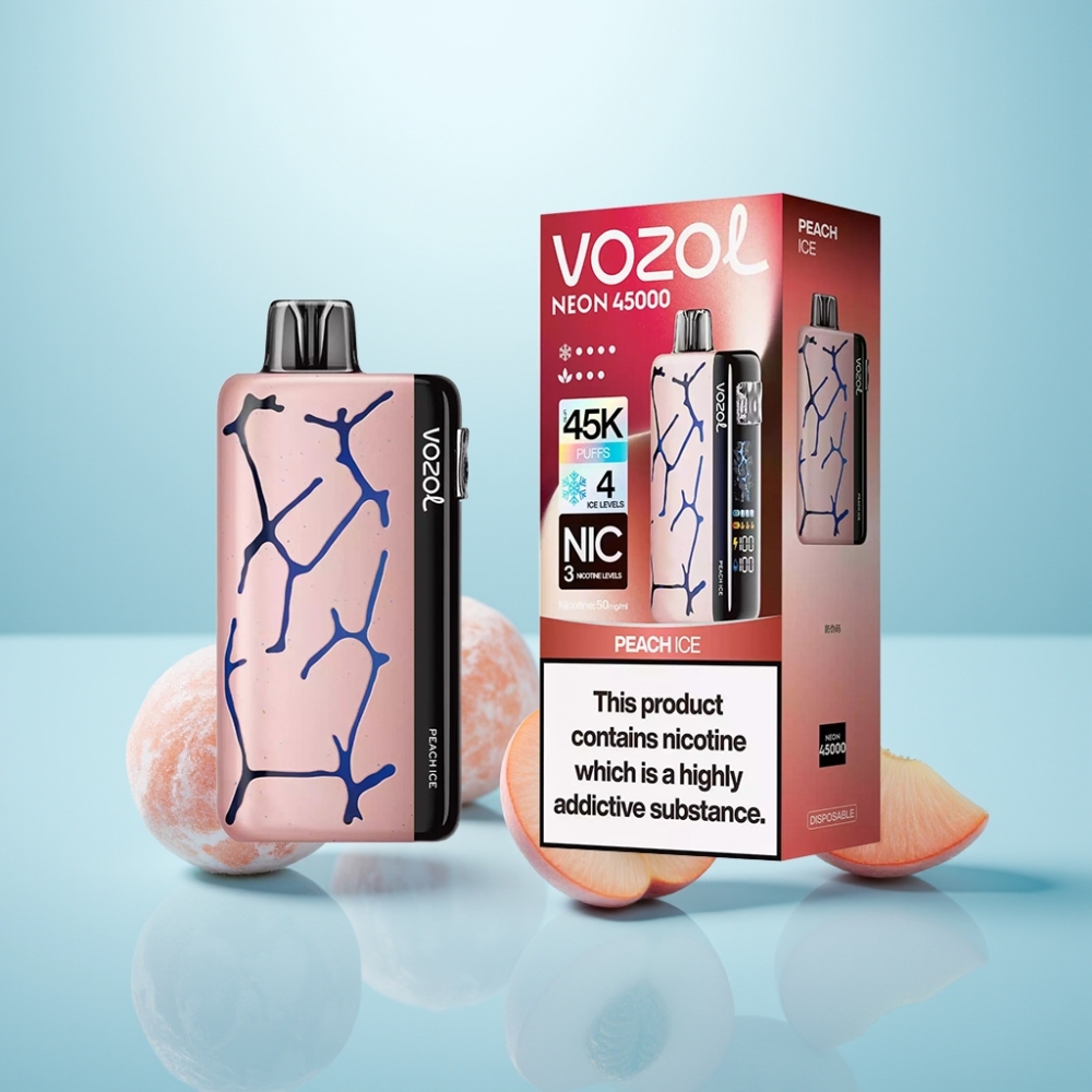 Vozol Neon 45K 45000 Puffs Vape חד פעמי Peach Ice עם סוללה 800mAh, סליל Mesh, וניקוטין 50mg